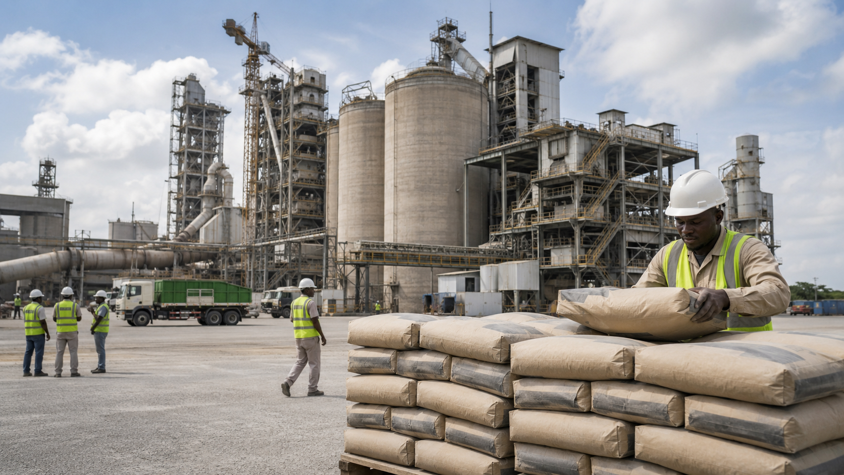 Cement manufacturing plant and workers representing Dangote Cement's H1 2026 revenue growth