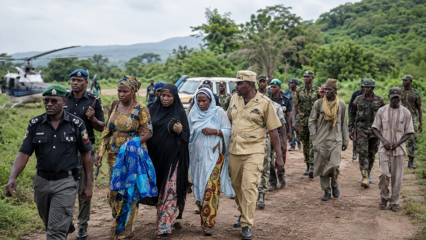 Joint security personnel escorting rescued kidnap victims to safety in rural Kwara State