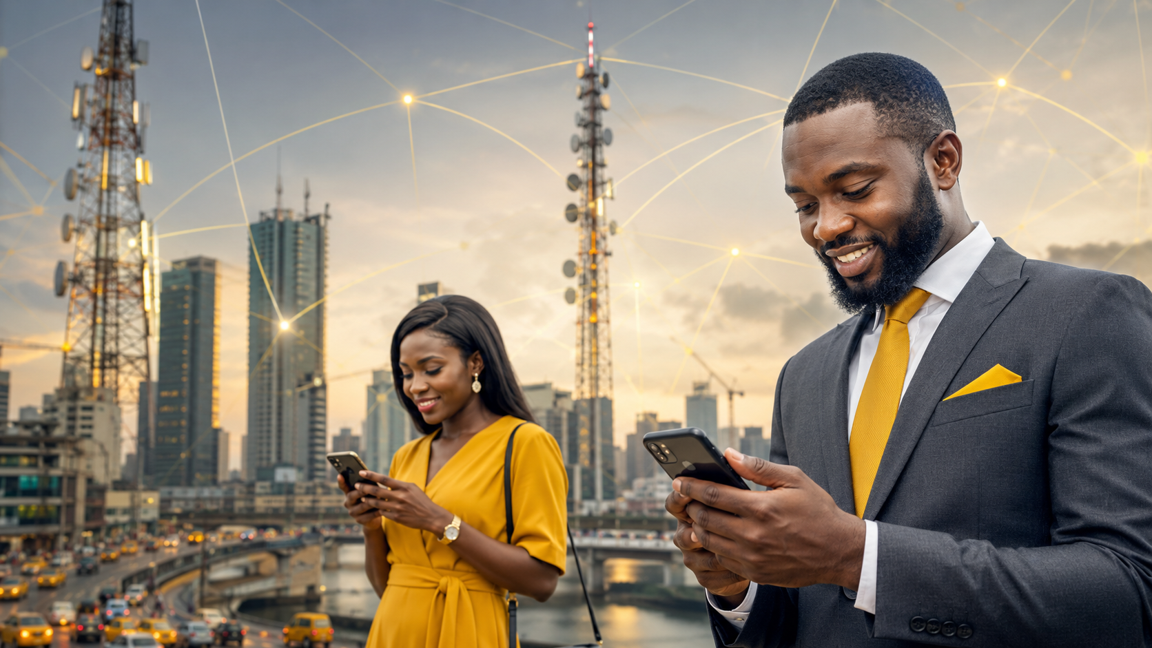Nigerian mobile users and telecommunications towers representing MTN Nigeria's H1 2026 performance