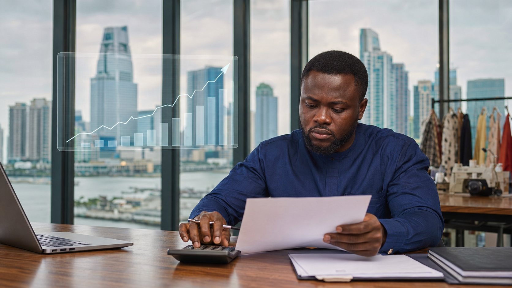 Nigerian business owner reviewing loan costs as high interest rates pressure the economy
