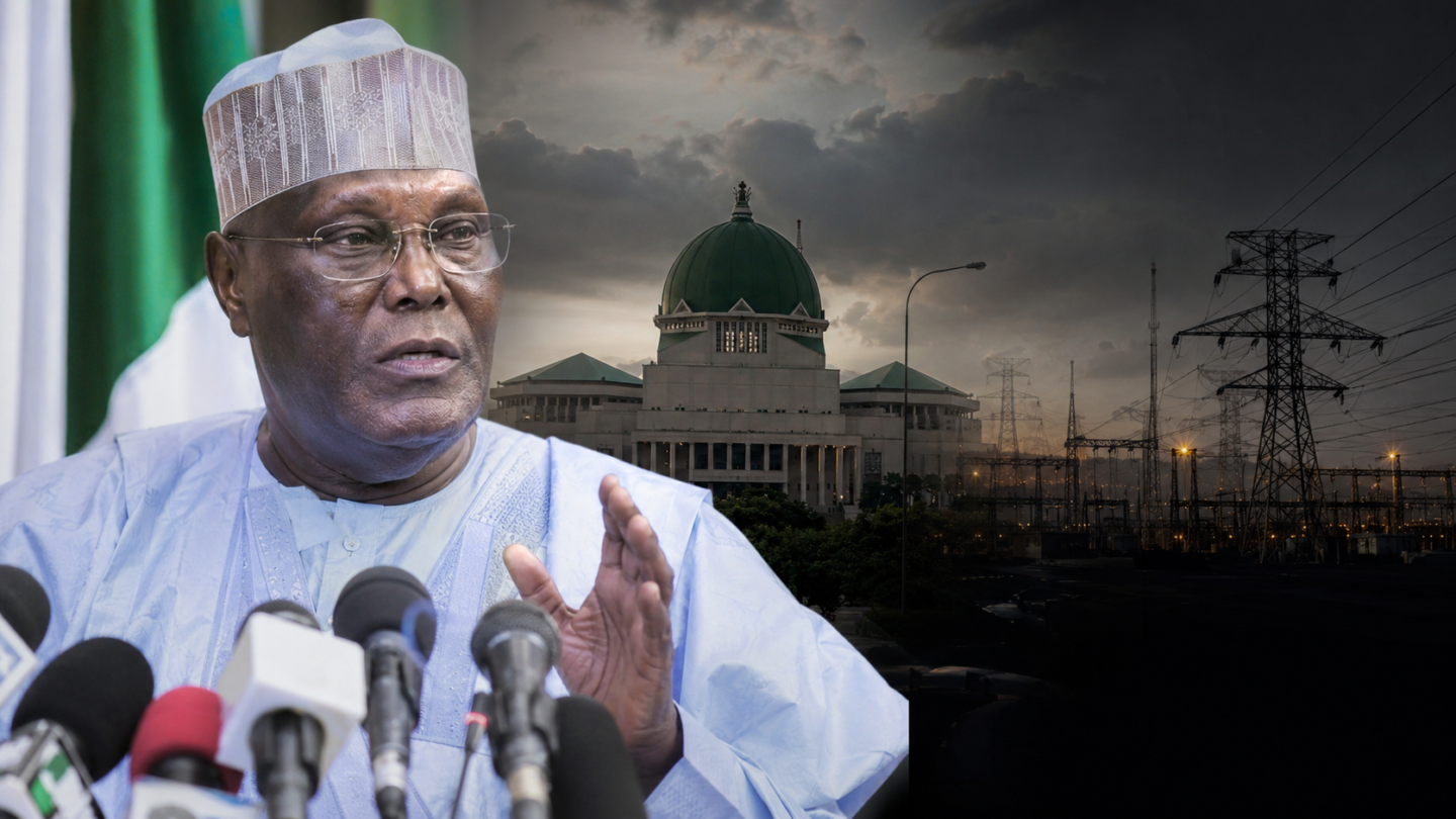 Editorial montage of Atiku Abubakar, Abuja and Nigeria's electricity transmission network