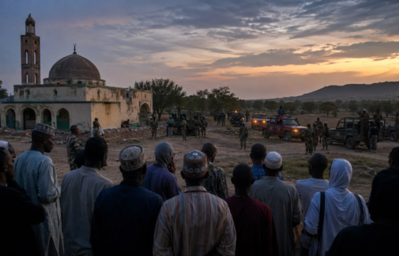Editorial illustration of a security rescue operation near a rural mosque in Niger State