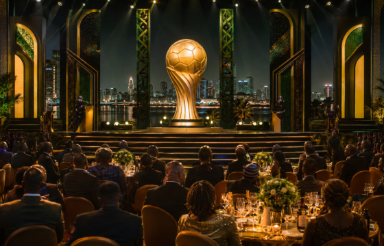 Prestigious African football awards stage overlooking the Lagos skyline