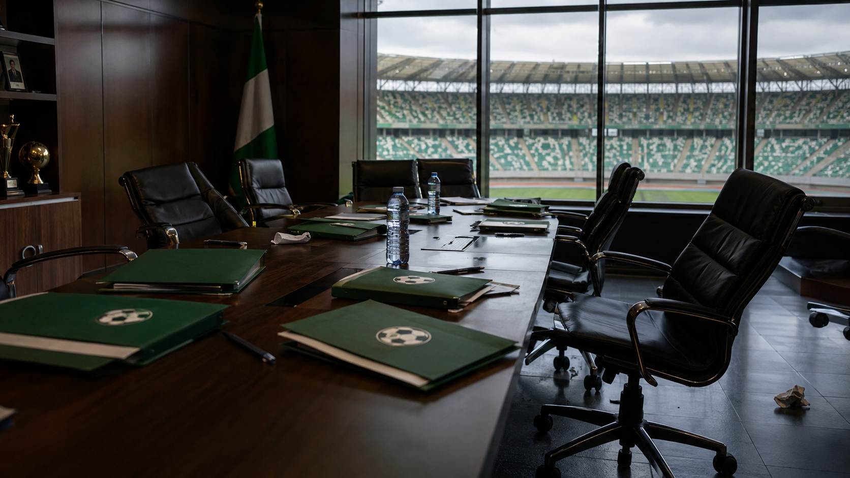 Editorial illustration of an empty football federation boardroom during the reported NFF leadership crisis