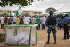 Ballot box and security personnel at an election gathering in Osun State