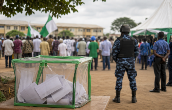 Ballot box and security personnel at an election gathering in Osun State