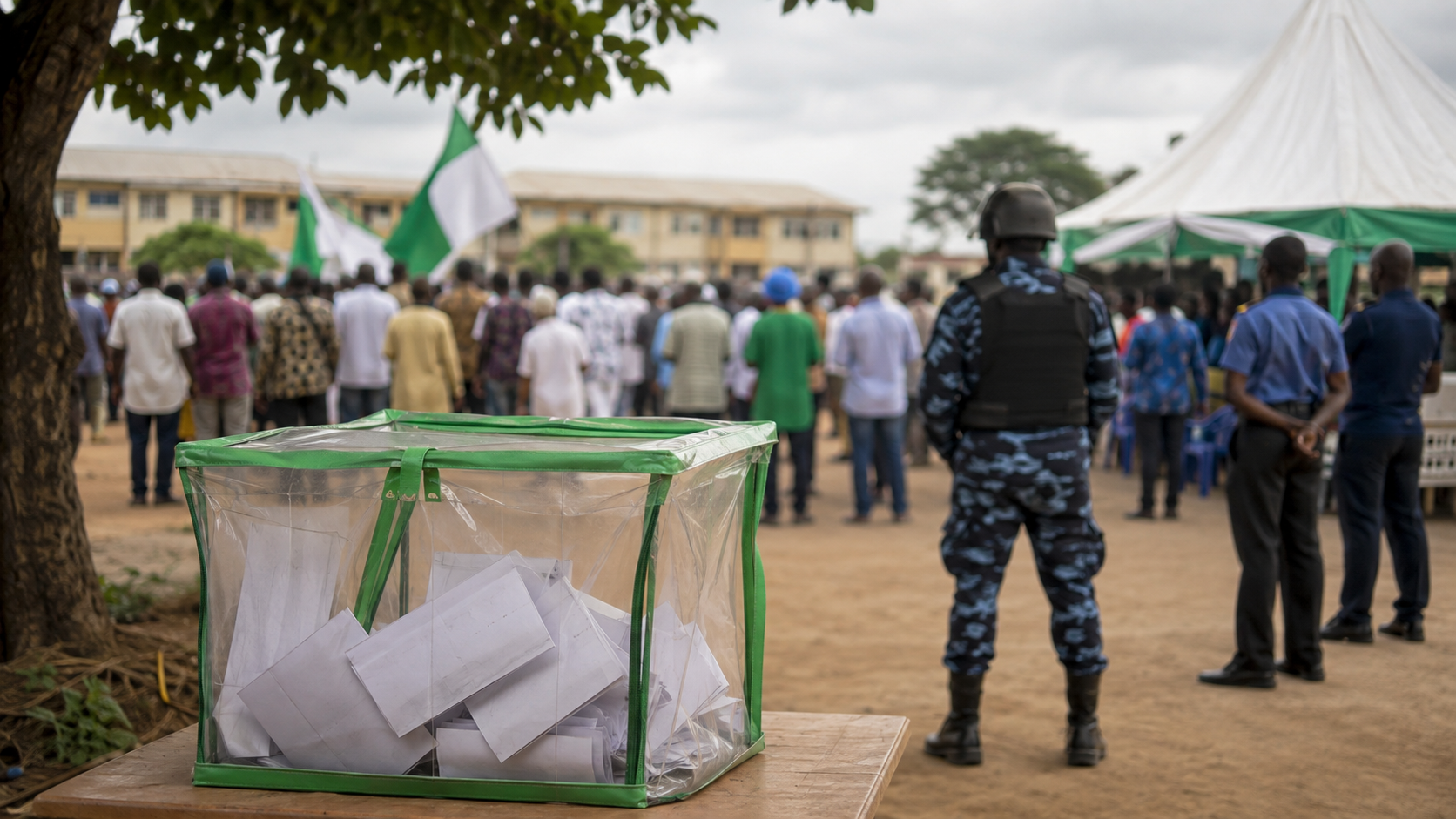 Ballot box and security personnel at an election gathering in Osun State
