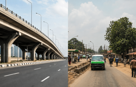Modern flyover contrasted with a busy local road in a Nigerian community