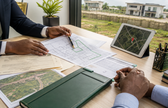 Nigerian property lawyer reviewing land documents, survey plans and location details
