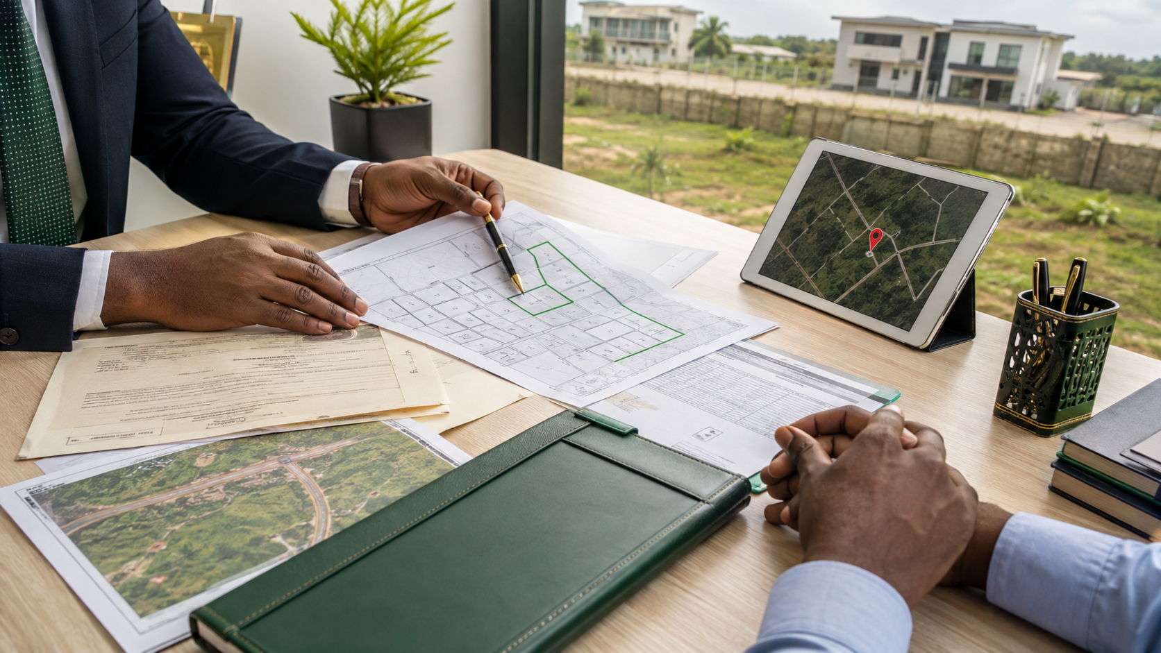 Nigerian property lawyer reviewing land documents, survey plans and location details